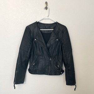 TOPSHOP Faux Leather Moto Biker Jacket Asymmetric Black Silver Zipper 4 Small S